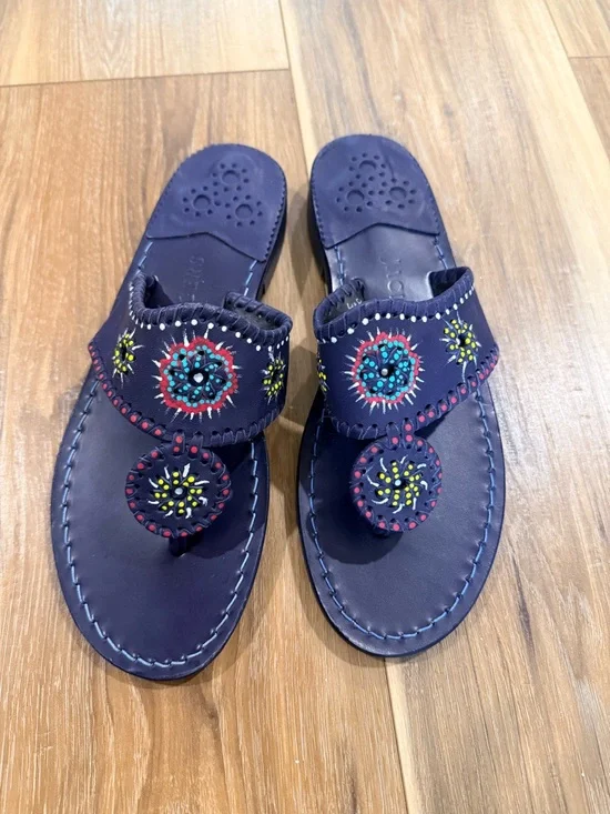 Jack Rogers Navy Embroidered Toe-Post Sandals with Multicolor Medallions - Picture 2 of 4